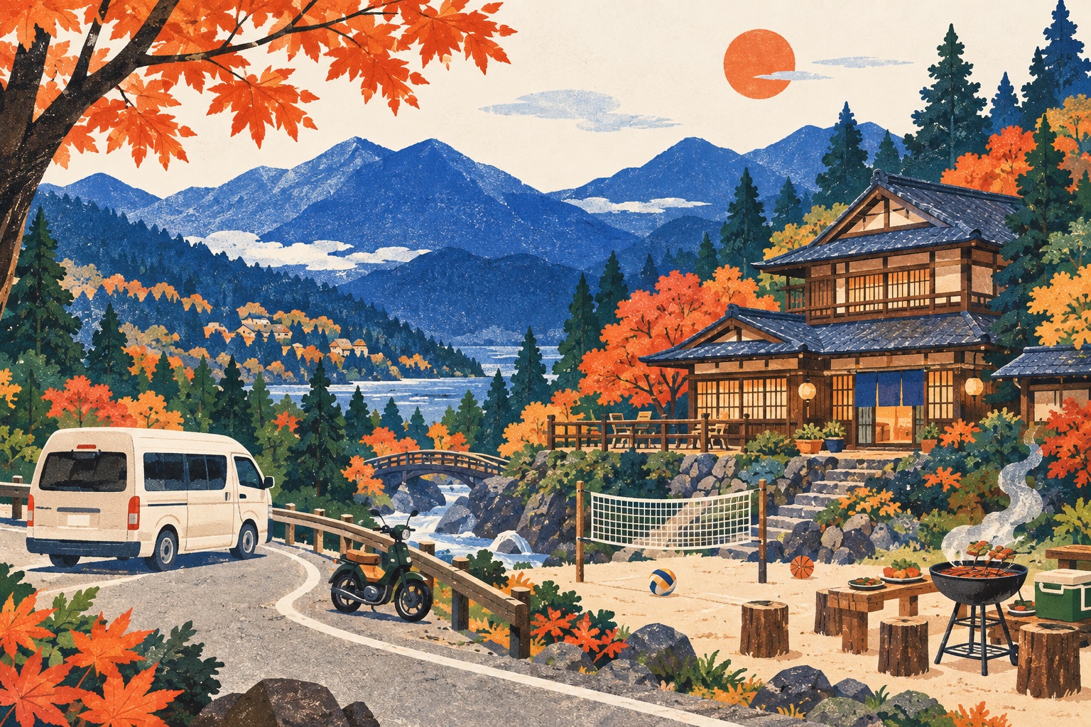 秋の山里と旅館、ハイエース、バイク、BBQを描いた合宿のイメージイラスト